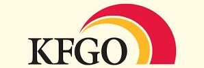 KFGO logo featuring the letters "KFGO" in black text beside a red and yellow semi-circle design on a light beige background.