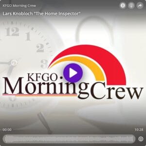 Screenshot of a KFGO Morning Crew podcast episode titled "The Home Inspector" with Lars Knobloch, displaying a logo and a play button at the center.