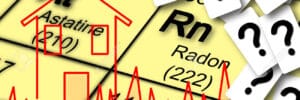 Image of a periodic table section highlighting astatine and radon elements, overlaid with question marks, red lines, and a waveform.