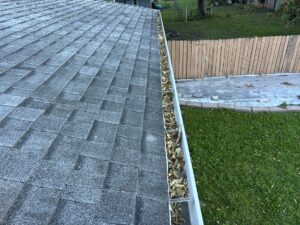 Leaves and debris packed along a gutter at the edge of a shingle roof