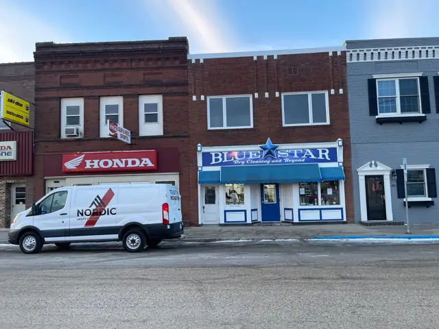 A historic storefront on a main street, a commercial building inspected by Nordic Inspections in Jamestown, ND.