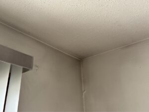 Dark ghosting lines and soot shadowing where an interior ceiling meets the wall