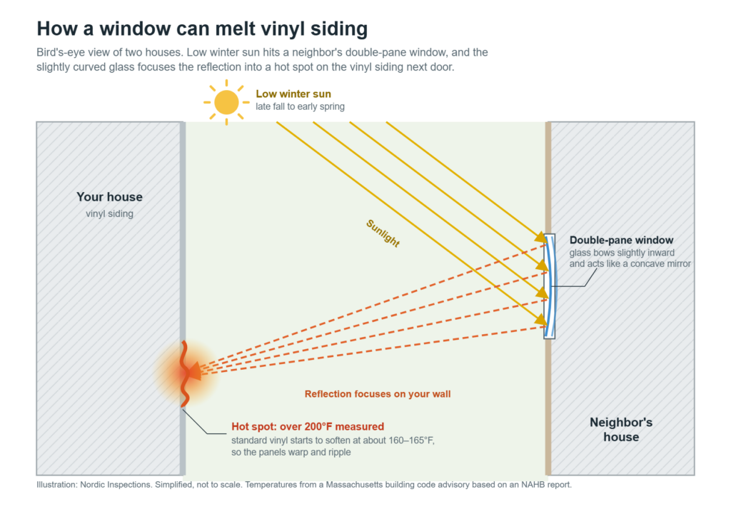 Bird's-eye diagram: low winter sun hits a neighbor's double-pane window, the slightly bowed glass focuses the reflection, and a hot spot over 200 degrees F forms on the vinyl siding next door.