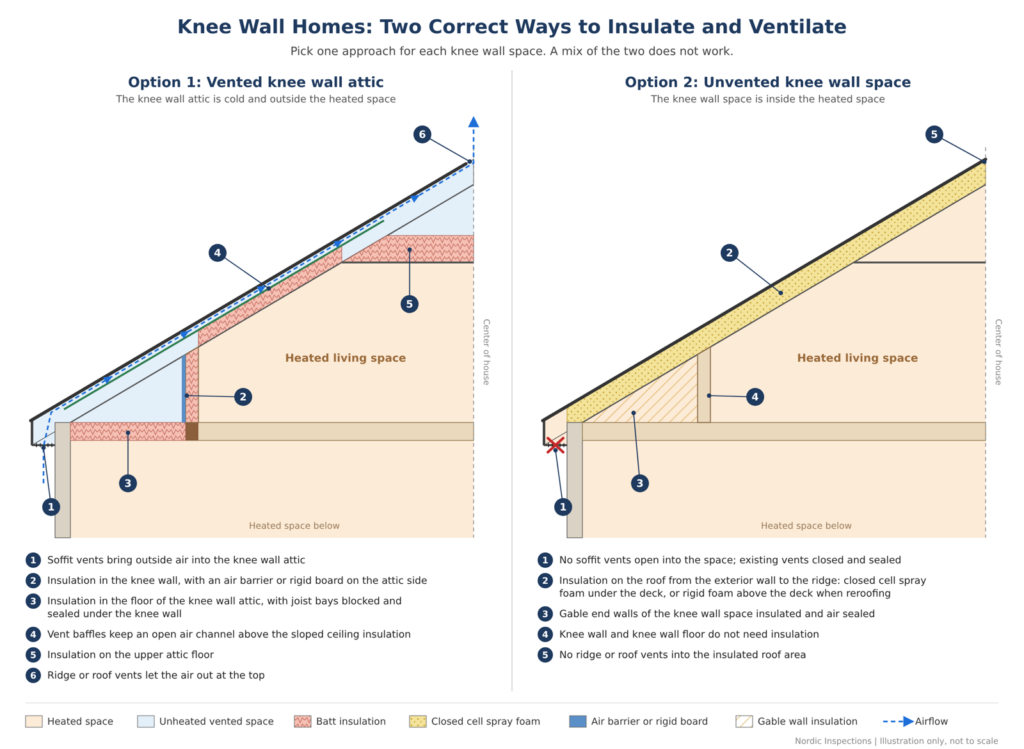 Two correct ways to insulate and ventilate a knee wall attic: a vented knee wall attic and an unvented knee wall space, shown in cross section