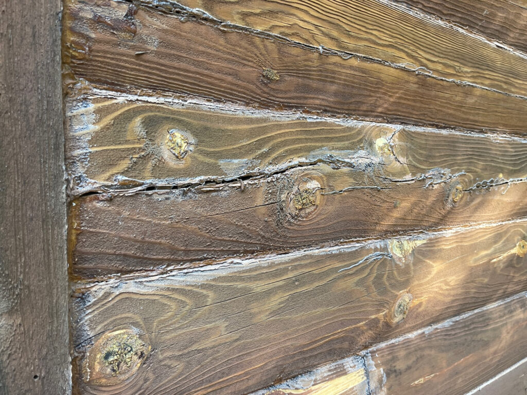 Close-up of log wall joints with cracked and missing chinking and open gaps between the logs